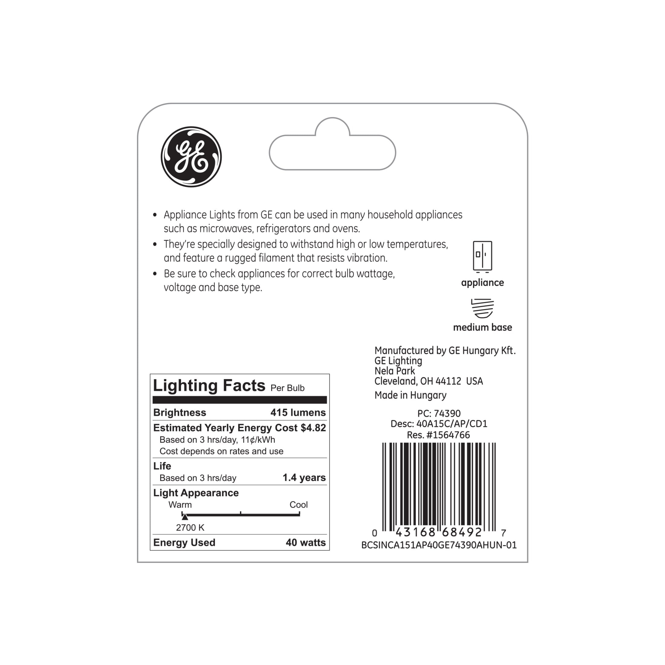 (4 pack) GE Incandescent Light Bulb, 40 Watt, Soft White, A15 Appliance Bulb, Medium Base, Clear Finish