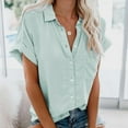 thumbnail image 2 of Womens Button Down Cotton Linen Shirts V Neck Roll Up Short Sleeve Blouses Loose Collared Shirt Summer Casual Tops, 2 of 3