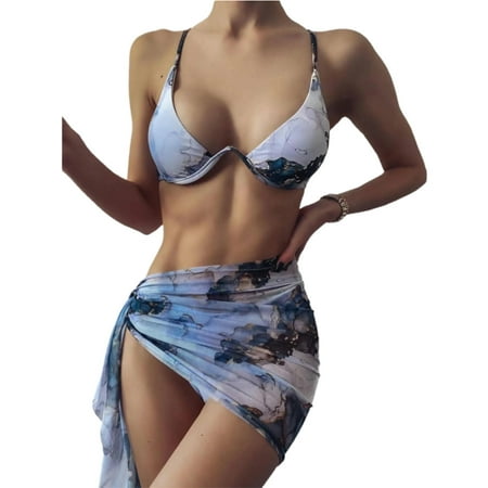

Seyurigaoka Women s Three-Piece Swimsuit Print Underwire Bra + Panties +Wrap Skirt
