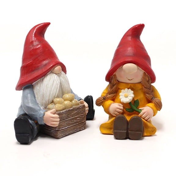 Set of 2 Hand-Painted Resin Garden Gnome Figurines - Whimsical Indoor and Outdoor Decor - Adorable Gnome Couple with Potatoes and Flower