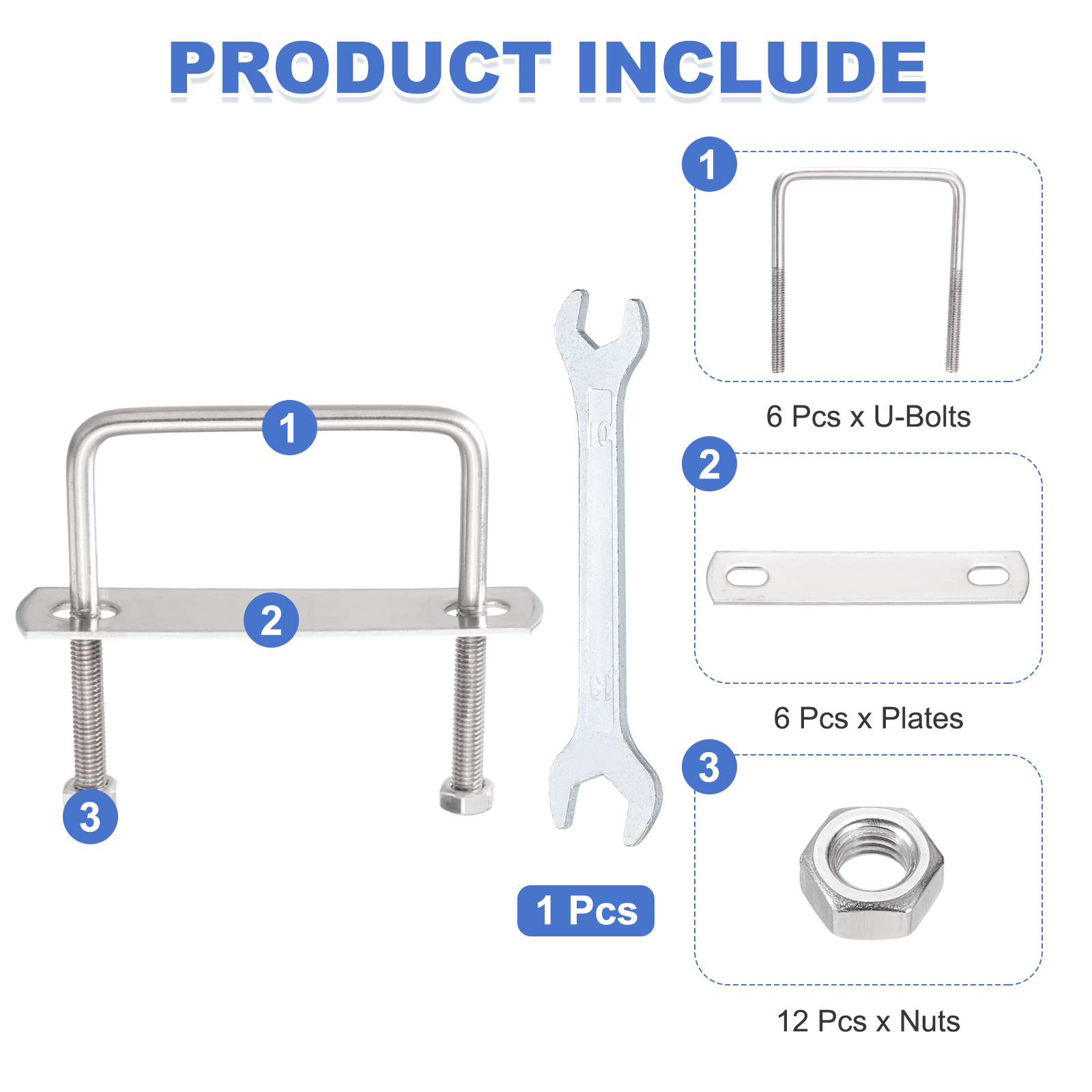 Uxcell 6 Sets M8 Square U-Bolts, 2.01" Inner Width 1.97" Length 304 Stainless Steel U Clamp Bolts with Nuts, Plates and Wrench