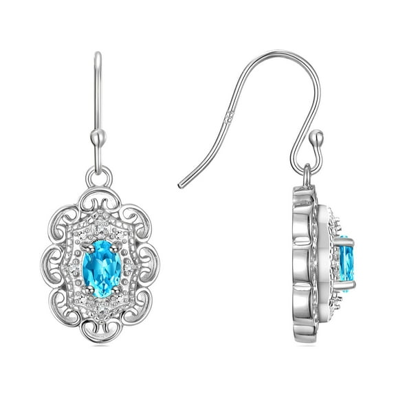 RYLOS Earrings For Women 925 Sterling Silver Earrings with Oval Shape Gemstone & Genuine Diamonds Dangling Earrings 6X4MM Blue Topaz December Birthstone Earring Jewelry For Women Silver Earrings