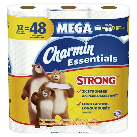 Charmin Essentials Toilet Paper, Strong, 12 Mega Rolls