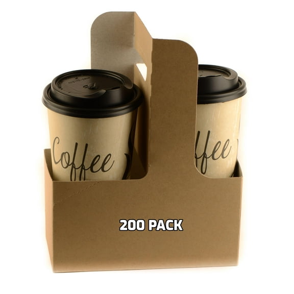 [200 PACK] Disposable Cup Drink Carrier with Handles - Kraft 2 or 4 Cup Carrier, Paperboard Cup Holder - Disposable Cup Holder for Hot and Cold Drinks - To Go Coffee Cup Holder for Food Delivery