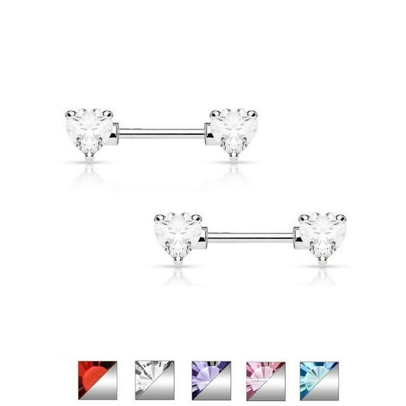 Pair of Nipple Barbells 14G Surgical Steel with Heart Shaped Prong Set CZ Gems