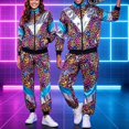 thumbnail image 2 of yboeqw Unisex 80s Retro Shiny Color Block Tracksuit Full Zip Stand Collar Jacket and Cuffed Jogger Pants Vintage Disco Couple Theme Party Costume Outfit, 2 of 9