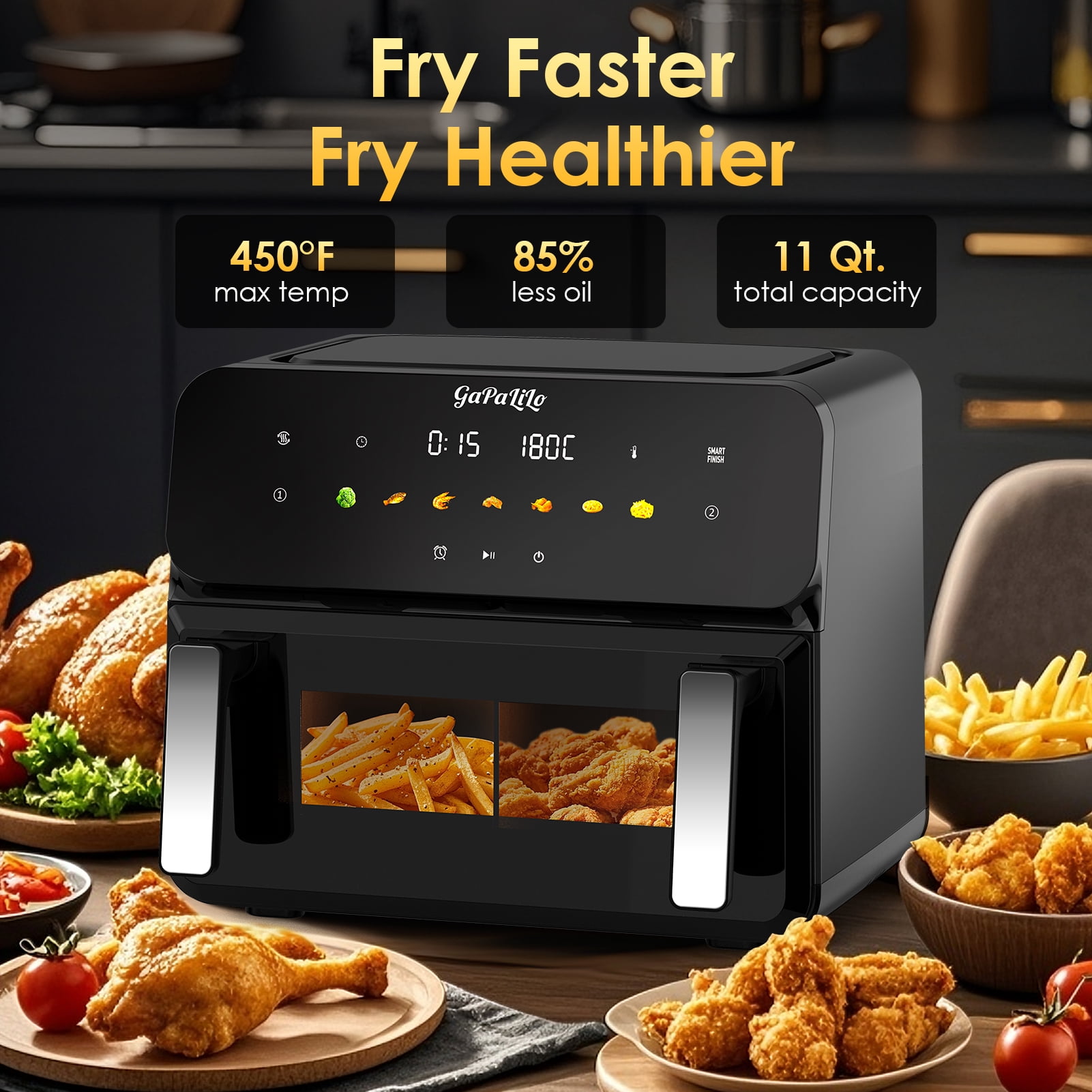 11QT Large Air Fryer, 1700W Touchscreen Air Fryer with Easy-View Window & LED Light, Digital Oven with Presets, Non-Stick & Dishwasher Safe, Perfect for 4-6 Family Meals, Black