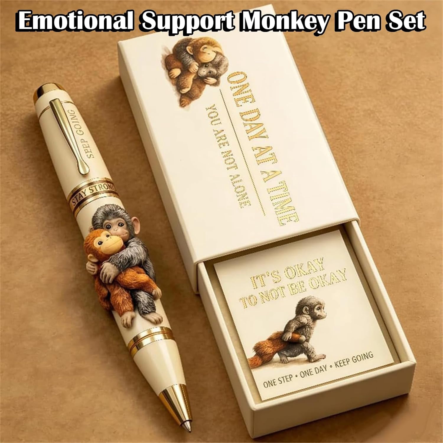 Inspirational Monkey Pen Set with Encouragement Card – Cute Metal Pen with “One Day at a Time” Message, Motivational Gift for Animal Lovers in Gift Box
