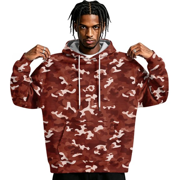 Domzest Mens Oversized Hoodies Heavyweight Camo Fleece Hooded Sweatshirt Fall Winter Casual Athleisure Pullover With Kangaroo Pocket Red L