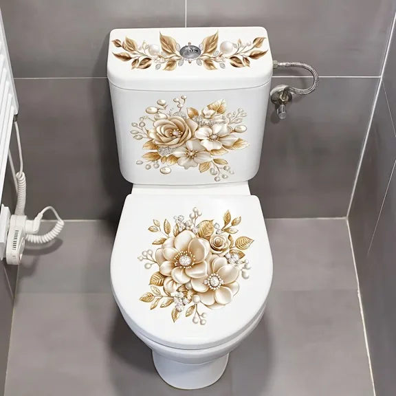 3-Piece Bathroom Toilet Stickers Set, Floral PVC Self-Adhesive Decorative Decals, Matte Finish Irregular Shape Luxury Design