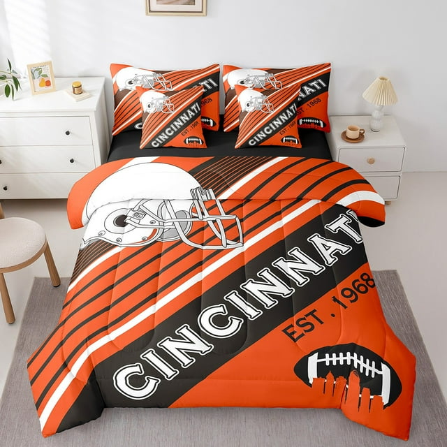3D Sports Comforter Set Full Size Bed In A Bag, 7 Pieces American Football Bedding Set, Rugby Comforter + Flat Sheet + Fitted Sheet + 2 Pillowcases + 2 Throw Pillow Covers(Cincinnati)