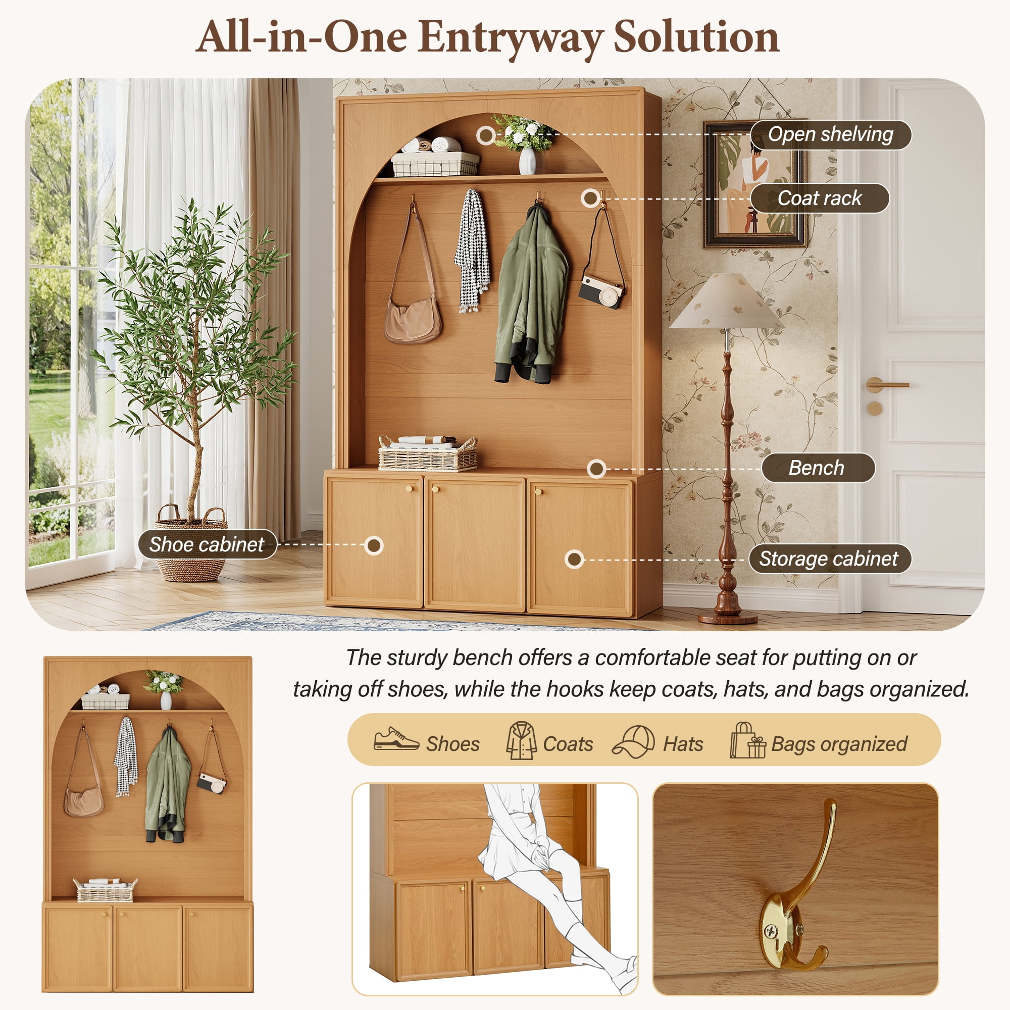 Homy Casa 48.7" Modern Arched Hall Tree with Coat Hooks & Hidden Shoe Cabinet, Natural Oak