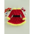 thumbnail image 5 of Christmas Clothes Set 12M 18M 24M 3Y 4Y 5Y 6Y Faux Fur Patchwork Long Sleeve Off Shoulder A-Line Dress with Belt + Bow Headband, 5 of 10