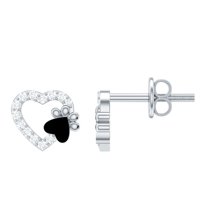 Rosec Jewels Cute Heart Paw Stud Earrings with Moissanite and Black Enamel (D-VS1 Grade), 925 Sterling Silver