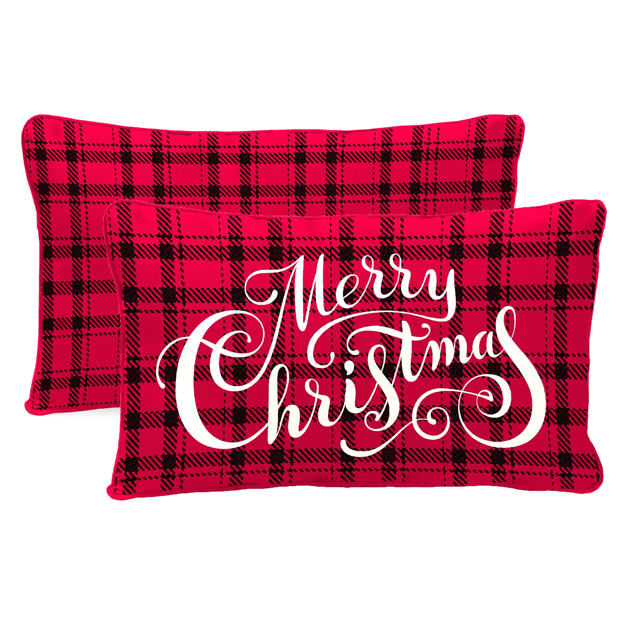 Jordan Manufacturing 12" x 16" Merry Christmas Red Novelty and Plaid Reversible Rectangular Outdoor Lumbar Throw Pillow with Welt (2 Pack)