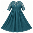 thumbnail image 6 of Women's Teal Floral Lace Chiffon Midi Dress Deep V Neck Half Sleeve High Waist Flowy A-Line Wedding Dress, 6 of 6