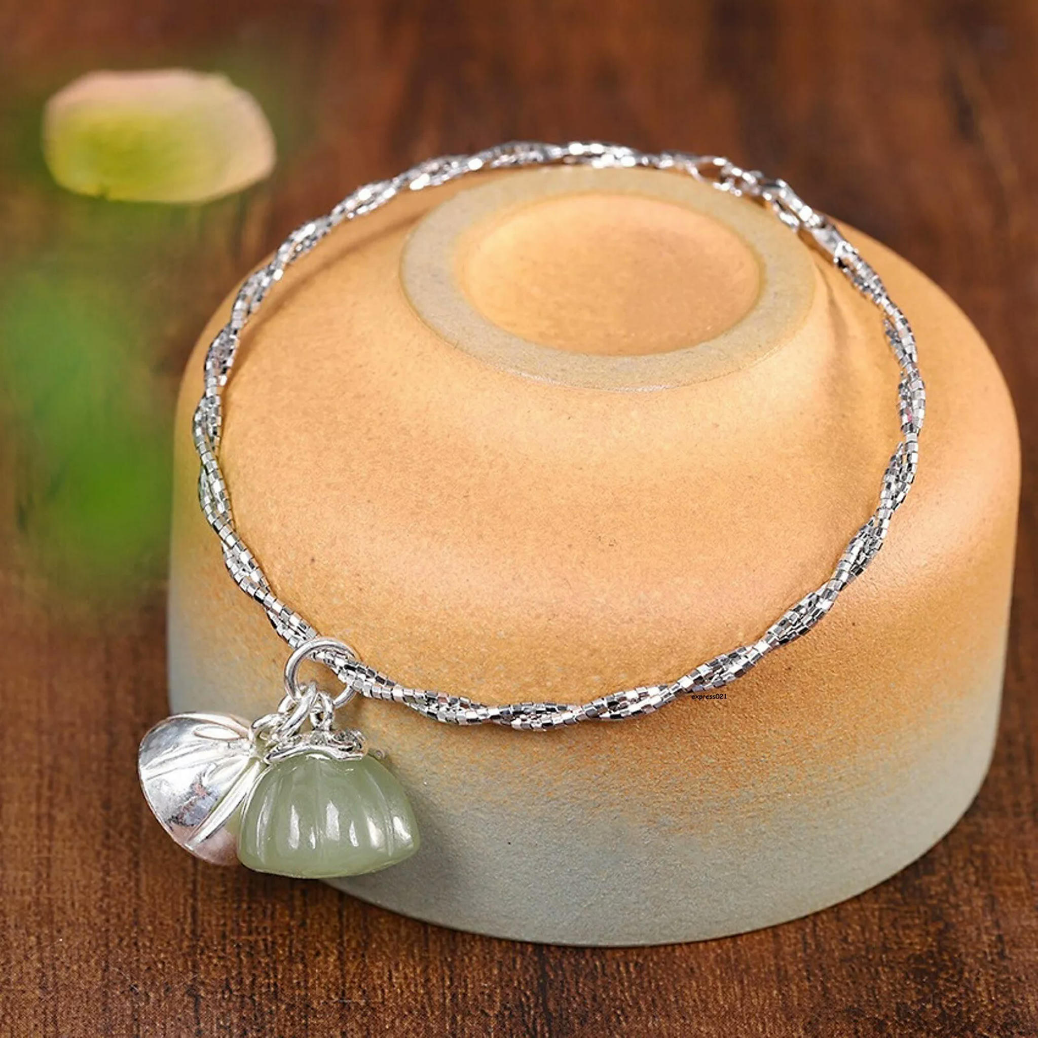 HOOUN Solid 925 Sterling Silver Bangle Women Natural Jade Lotus Twist Rope Bracelet 8g