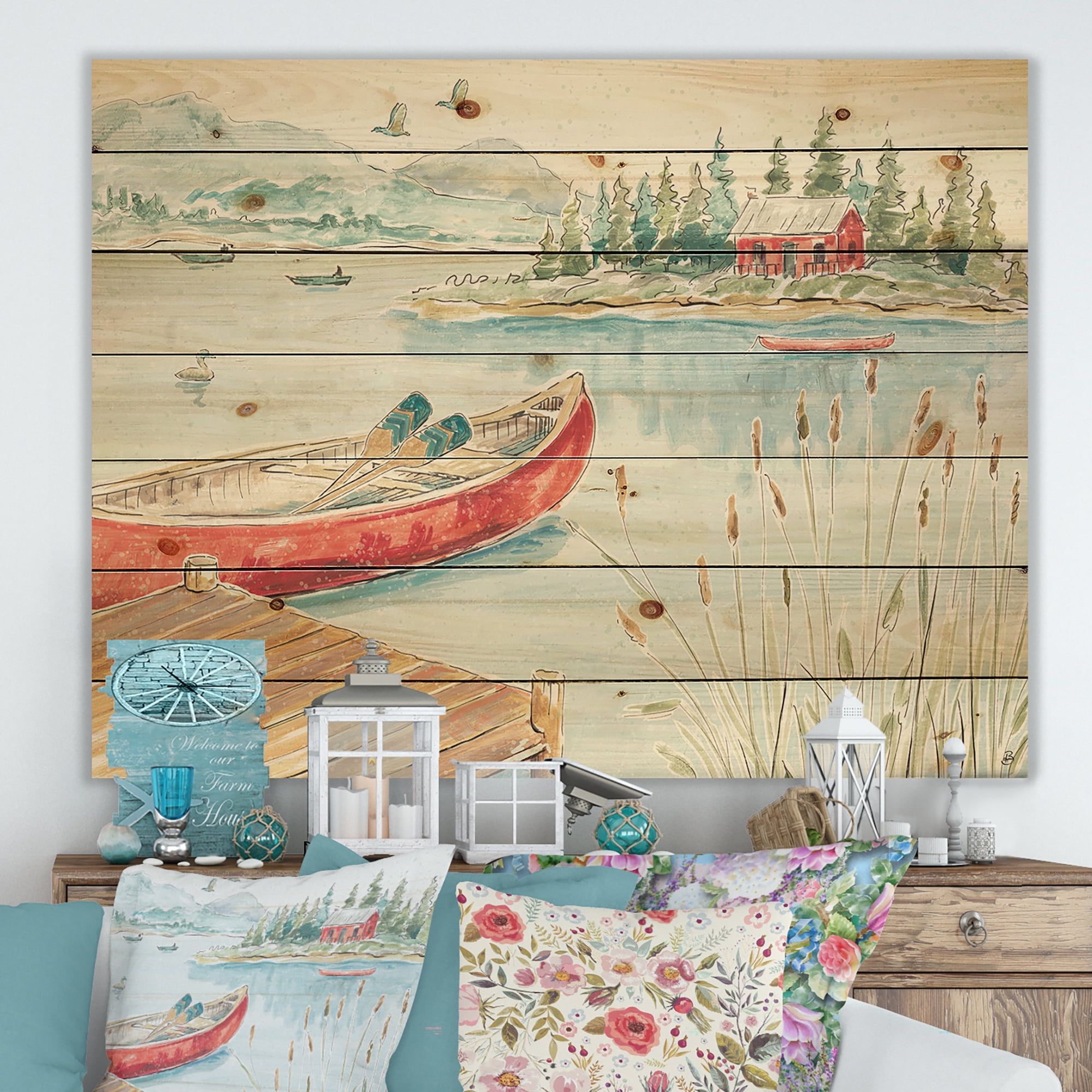 Designart 'Red Lake House and Canoes I' Lake House Print on Natural Pine Wood