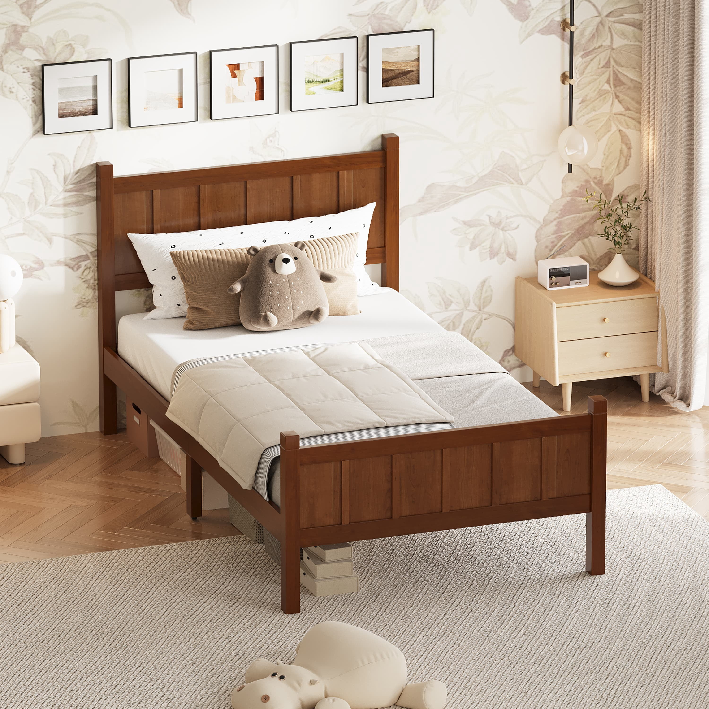 Euroco Wood Twin Size Platform Bed with Headboard and Footboard, Dark Walnut