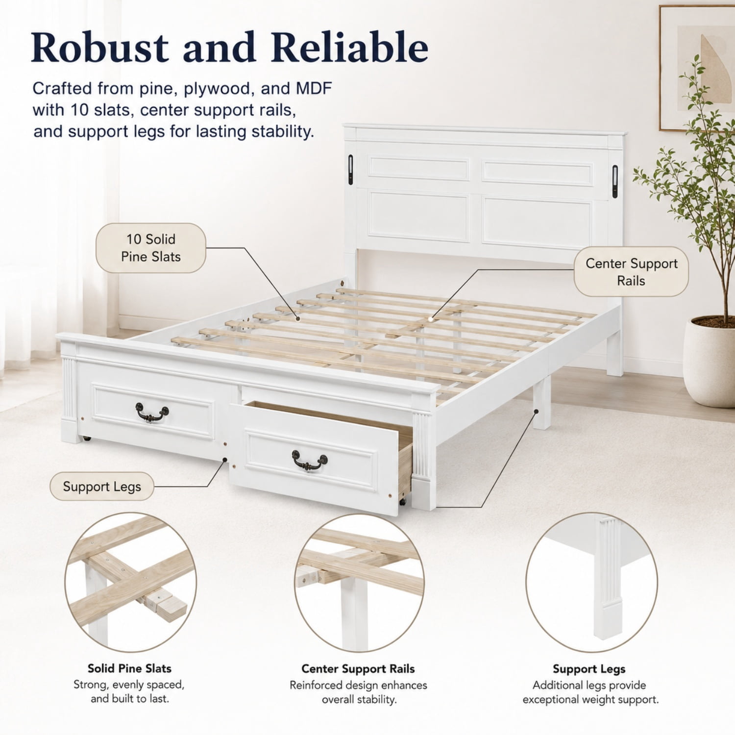 Miniyam Queen Farmhouse Storage Bed Frame with LED Headboard, USB & Type-C Charging, 2 Drawers, White