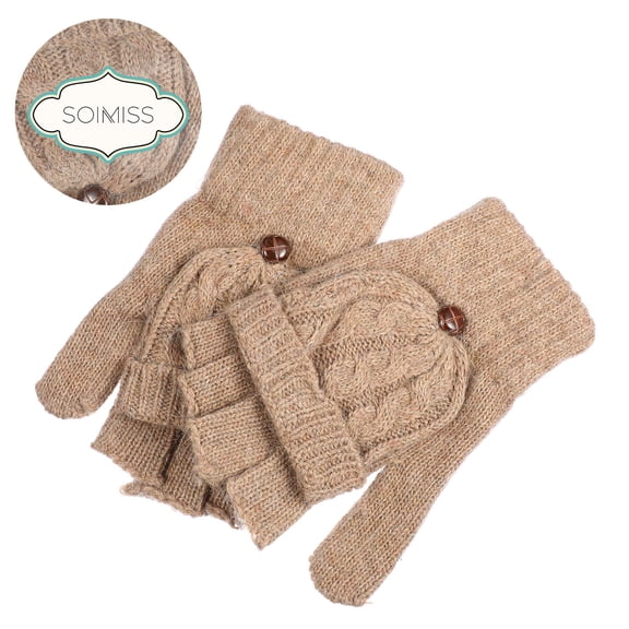 DINHEAROM 1 Pair Warm Winter Gloves Brown Wool Cotton Dual-Use Flexible for Women