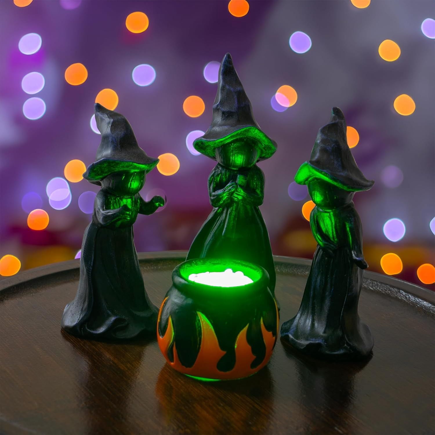 4 Pack Light Up Witch Cauldron Figurines with Green Glow for Halloween Decor
