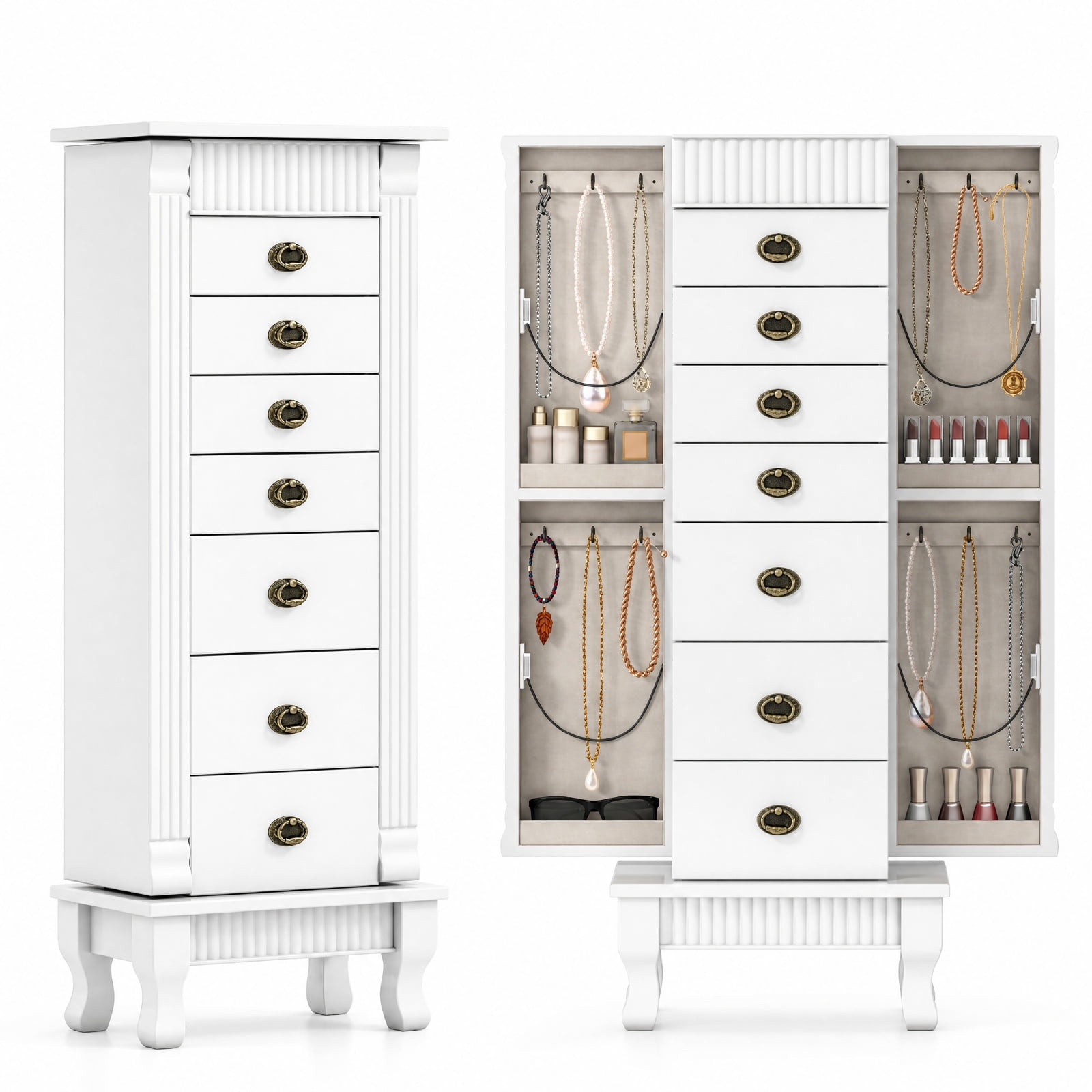 Furnibear Wooden Jewelry Armoire Cabinet Storage Chest with Drawers and Swing Doors for Bedroom Dressing Room Jewelry Necklace Rings Storage, White