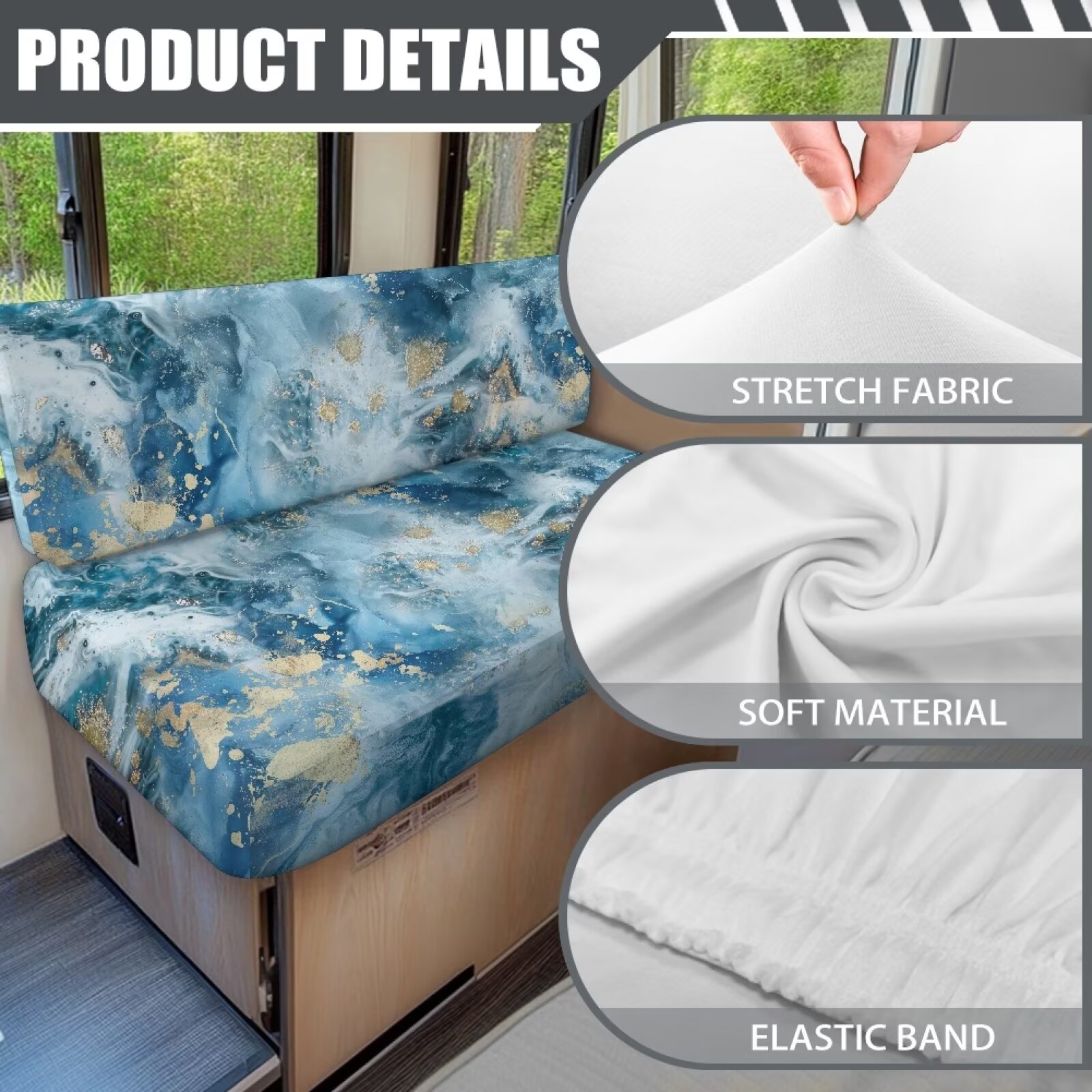 XYZCANDO Blue Marble Print RV Dinette Cushions Washable Camper Decor Stretchable Bench Seat Cover Universal Couch Cover 2 Cushion Sofa Comfortable Slip Covers for Loveseat Blue