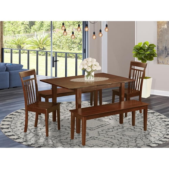 East West Furniture Picasso 5-piece Wood Dining Set with Bench in Mahogany