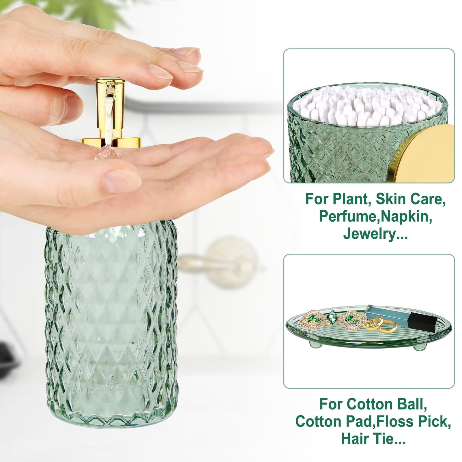 Cirhy 4-Piece Green Glass Bathroom Accessories Set, Lotion Soap Dispenser, Toothbrush Holder, Qtip Holder, Soap Dish, Modern Bathroom Decor Set for Countertop Organization