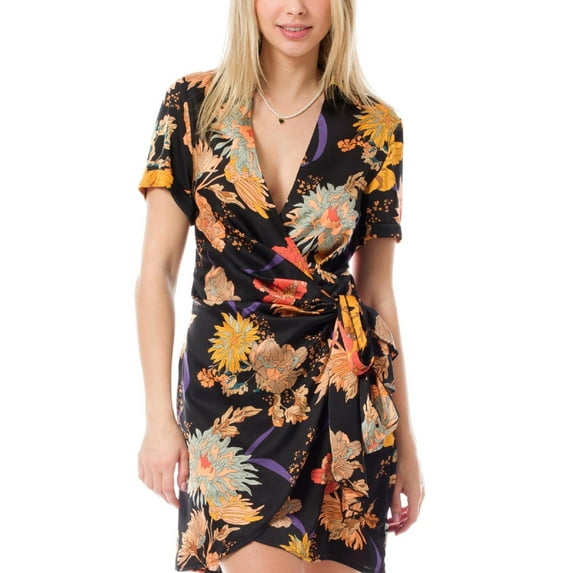 MixMatchy Women's Floral Short Sleeve Satin Surplice Wrap Waist Tie Dress