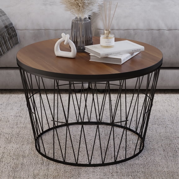 Lavish Home Round Coffee Table with Geometric Metal Base, Brown/Black