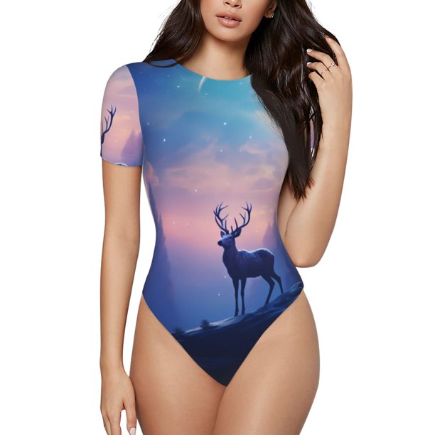 Balery Night Sky Elk Body de cuello redondo de manga corta para mujer Tops de manga corta Tops básicos-X-Large