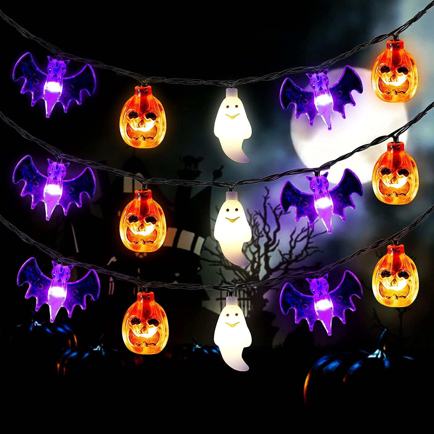 29ft 30LED Halloween Pumpkin String Lights Ghost/Bat Lights Battery Operated 