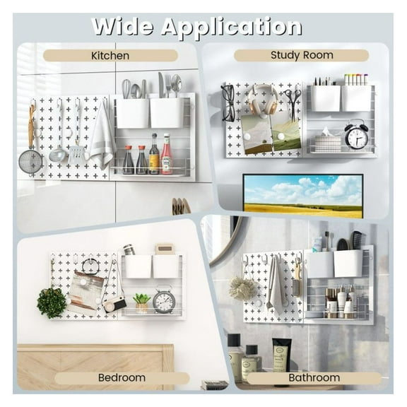 Pegboard Combination Kit, Wall Organizer with Hooks & Magnets - White Metal Pegboard for Kitchen, Office, Bedroom - DIY Storage Rack & Containers - 66lbs Capacity