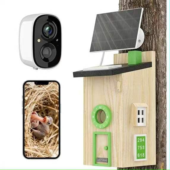 Aishkimo Birdhouse with Camera,Smart Bird House, 5MP HD Photos and Enjoy Sharp 2K HD Video, Inside 2.4G-Wi-Fi,1.57In Focus, Waterproof Wooden Birdhouse for Wild Bird Lovers