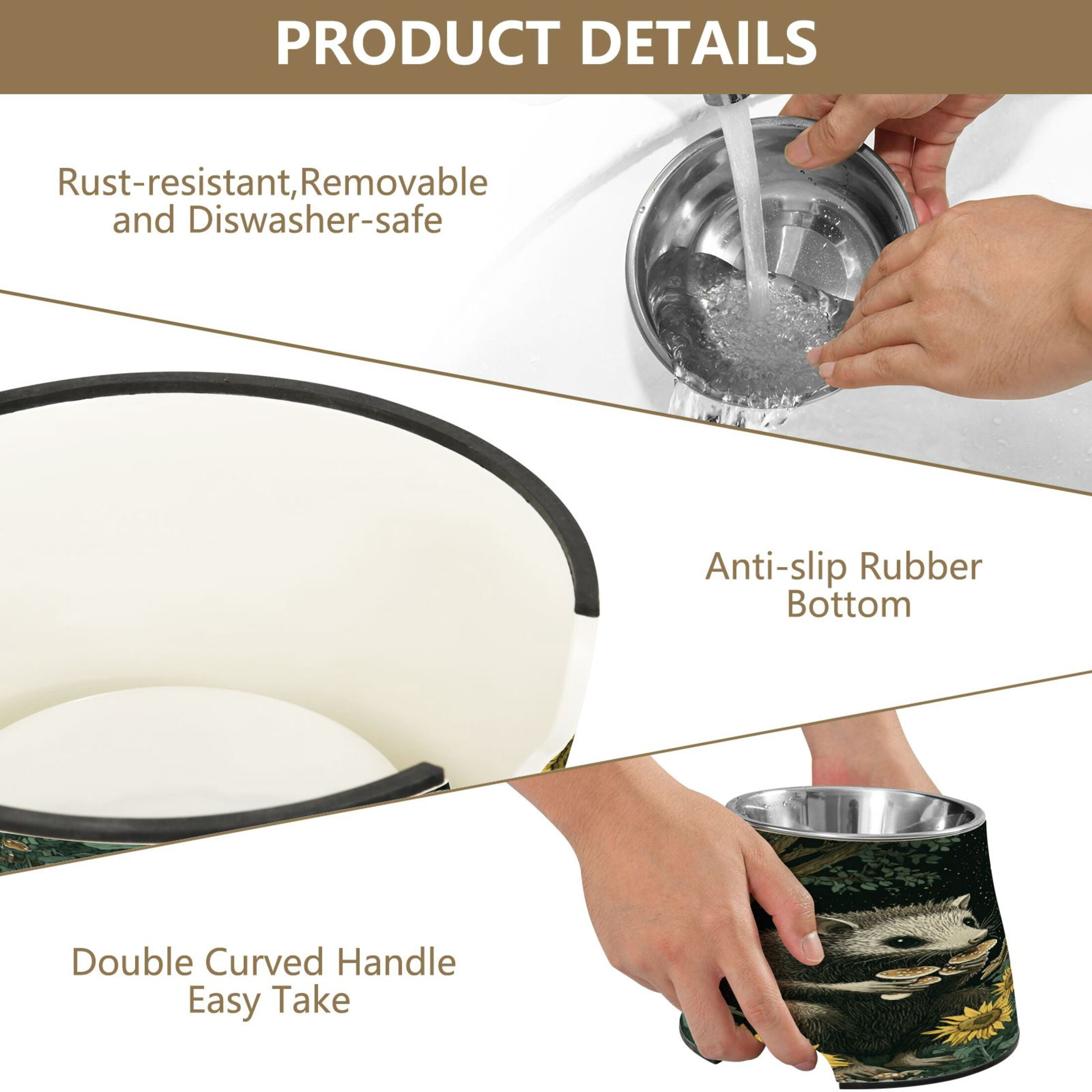 Raised Pet Bowl with Removable Stainless Steel Insert Anti-Slip No-Tip Dog Bowl for Small to Medium Pets Extra Large Possum