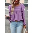 thumbnail image 2 of Solid Round Neck Ruffle Shoulder Crochet Detail Blouse for Women Purple Medium, 2 of 5