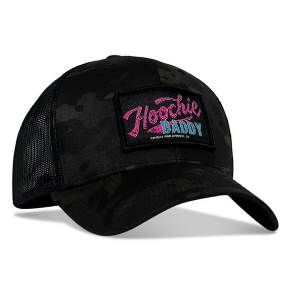 Combat Iron Hoochie Daddy Retro Script Snapback Hat – Black Multicam | Mid-Profile, Breathable Mesh, Adjustable Fit