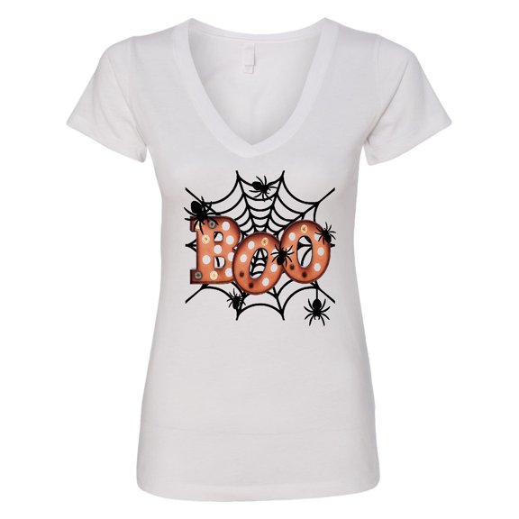 Inktastic Halloween Boo with Spiders in Web Women's V-Neck T-Shirt