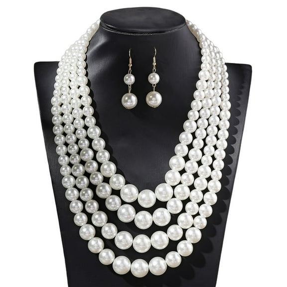Large Multi Strand Chunky ABS Pearls Necklace and Earring Set Costume Jewelry for Women good gift Party Wedding New Year