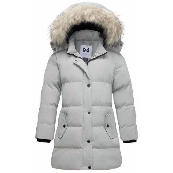 KVE Girl's Winter Thicken Puffer Long Coat Warm Jacket with Fur Removable Hood Grey 8