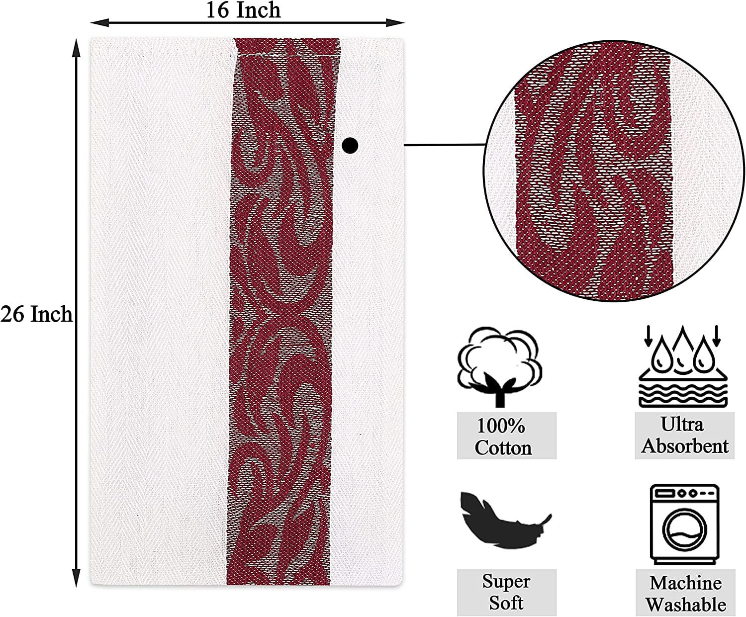 (3 pack) RUVANTI 100% Cotton Kitchen Towels Jacquard, Dish Towels for Kitchen, Washable Dish Cloths, Soft Tea Towels, Super Absorbent for Cleaning, Dishcloth for Quick Drying, 16x26, 12 Pack – Burgundy & Whit