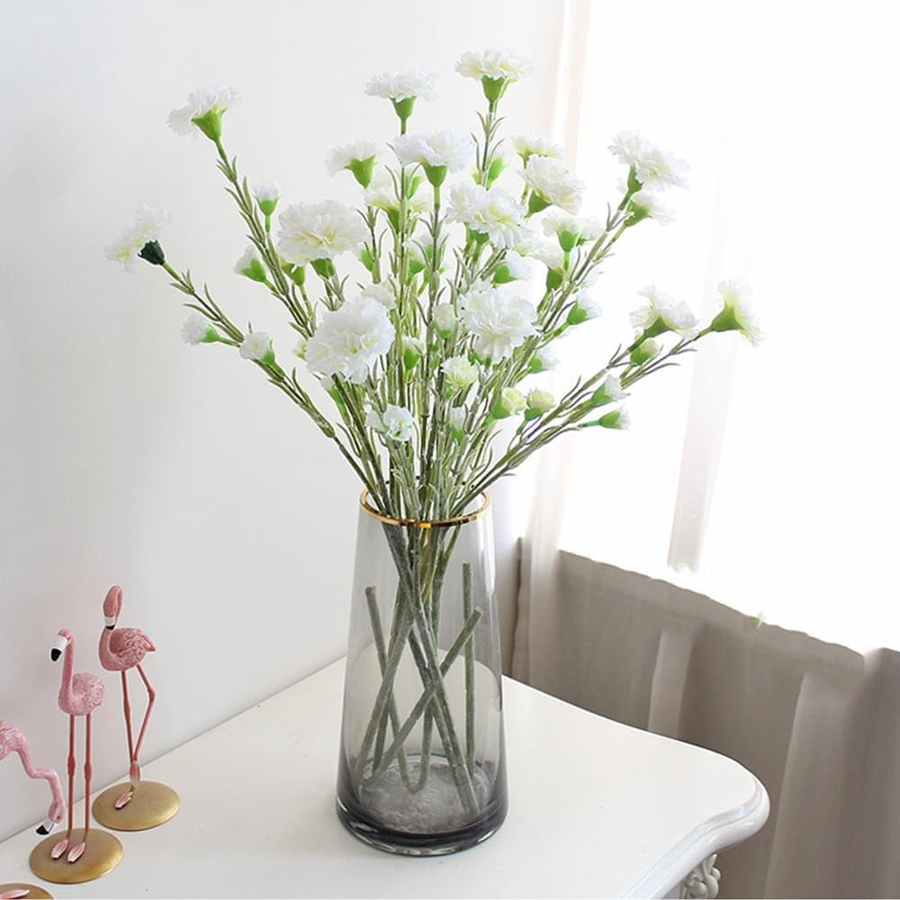 7.56in White Carnations Artificial Flowers 5heads Carnations Flowers Silk Flowers White Flowers Fake Flowers for Wedding Mother Home Office Decoration(White)