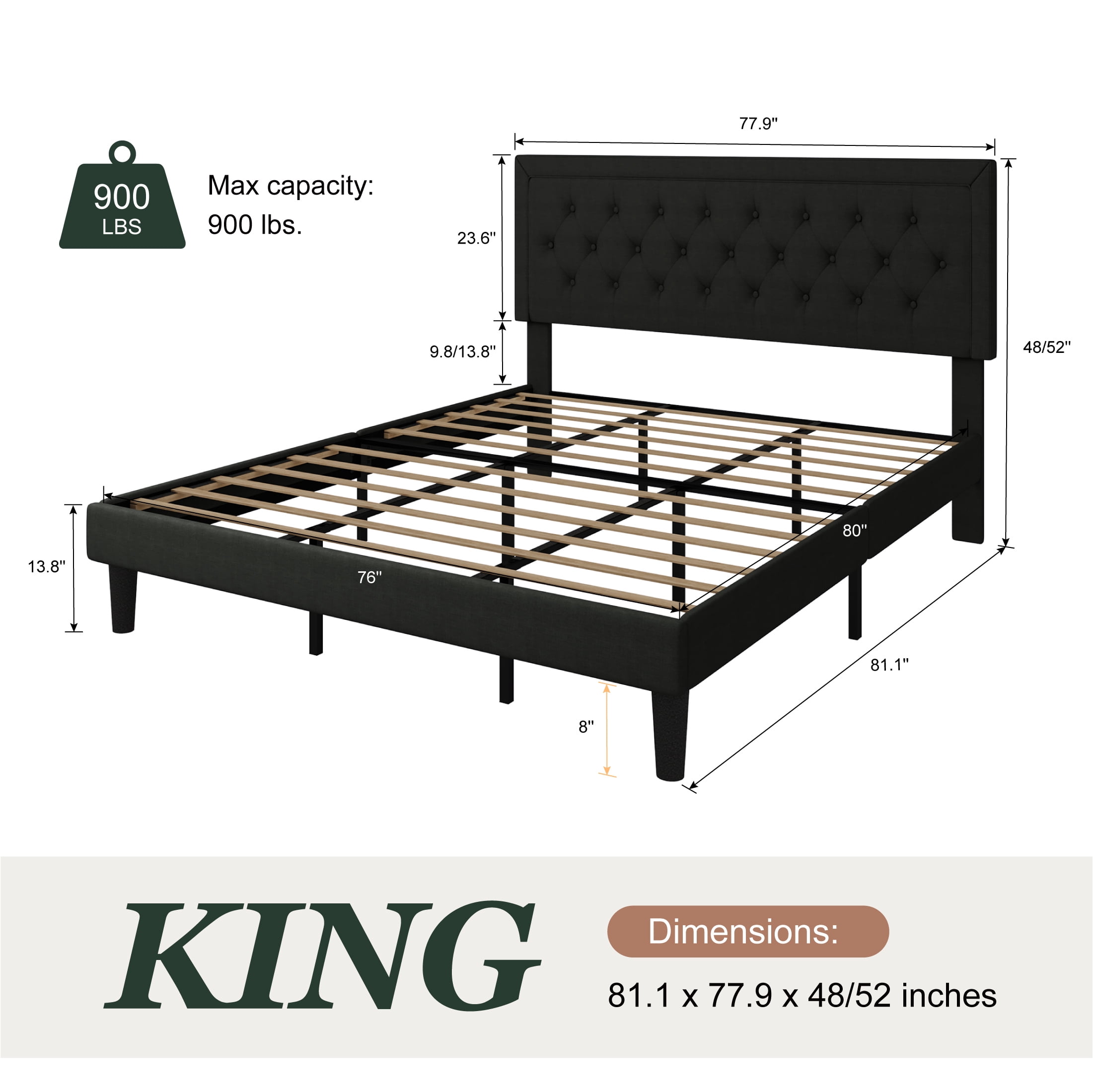 Amolife King Bed Frame with Adjustable Headboard, Upholstered Platform Bed, No Box Spring Required, Black