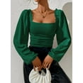 thumbnail image 2 of Women'S Square Neck Long Sleeve Crop Tops Puff Sleeve Ruched Blouse Green S, 2 of 8