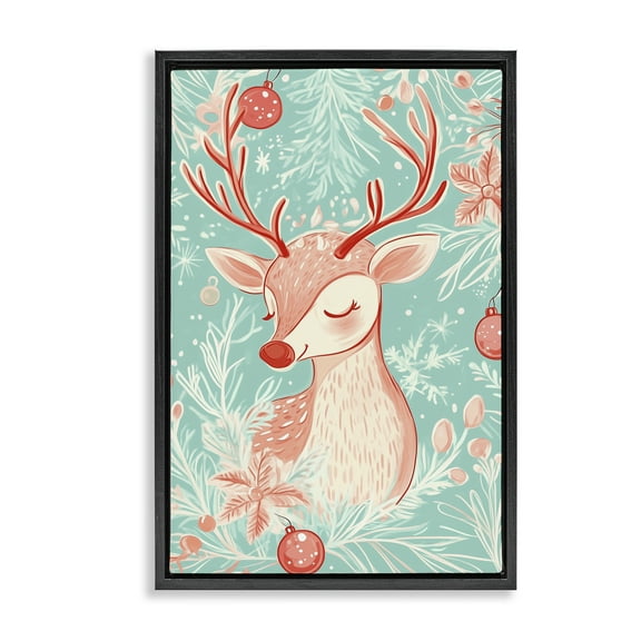Stupell Industries Pink & Blue Vintage Reindeer Animals Painting Black Floater Framed Canvas Art Print Wall Art, 17 x 25