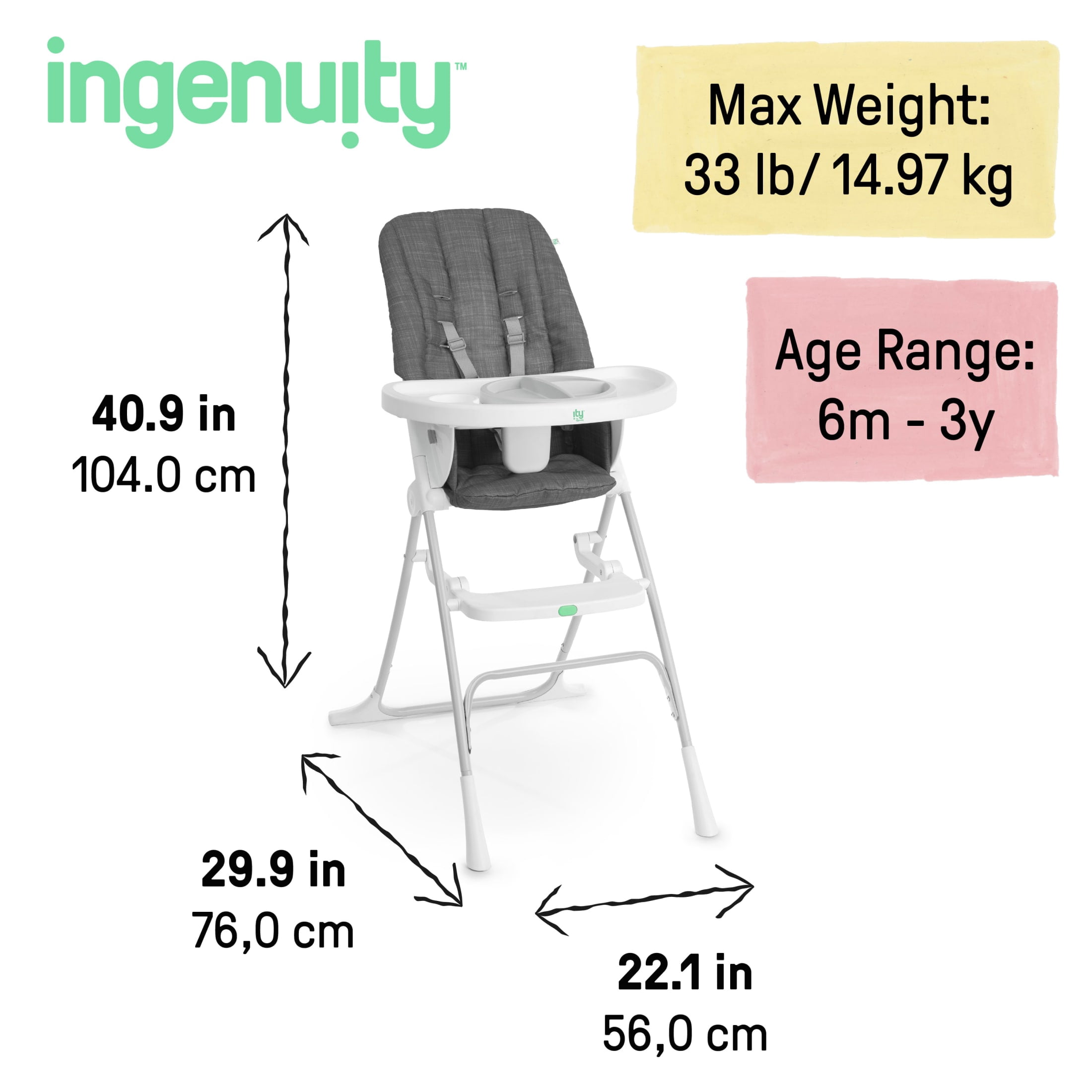 Ingenuity Sun Valley Compact Folding Baby High Chair - For Ages 6 Months and Up, Unisex - Grey