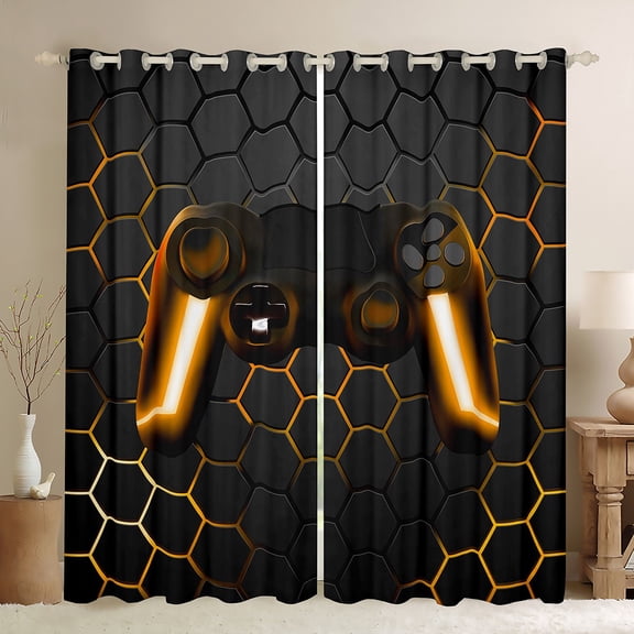 Feelyou Neon Gold Gamepad Black Out Curtains, Chic Honeycomb Abstract Curtains Pack of 2 (42x63 Each), Teens Kids Boys Girls Bedroom Curtains, Blackout Curtains Bedroom Decor