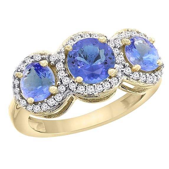 14K Yellow Gold Natural Tanzanite Round 3-stone Ring Diamond Accents, size 5